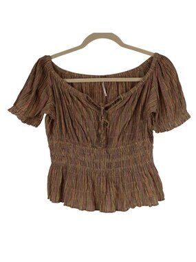 Free People M Striped Smocked Peasant Top Cropped Short Puff Sleeves Boho